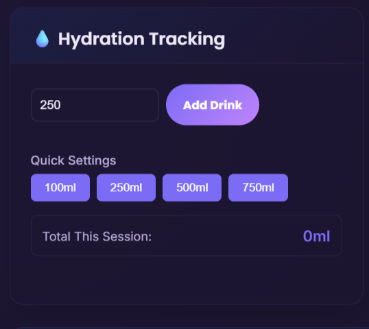 Hydration logging: track drinks in ml with quick-add presets