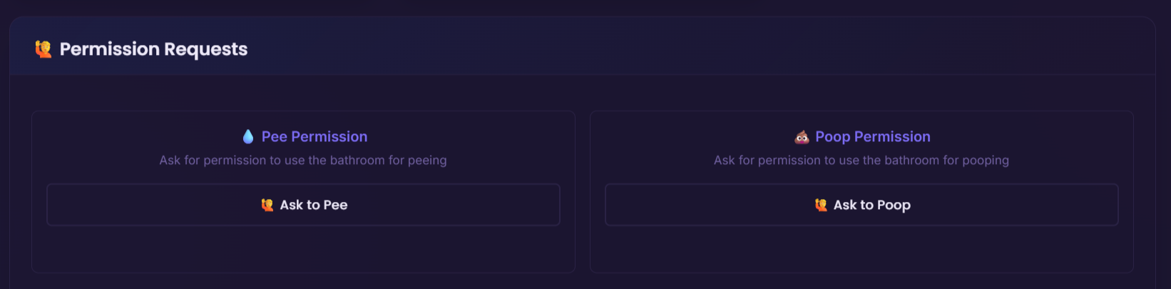 Ask for toilet permission with approval chance and cooldowns